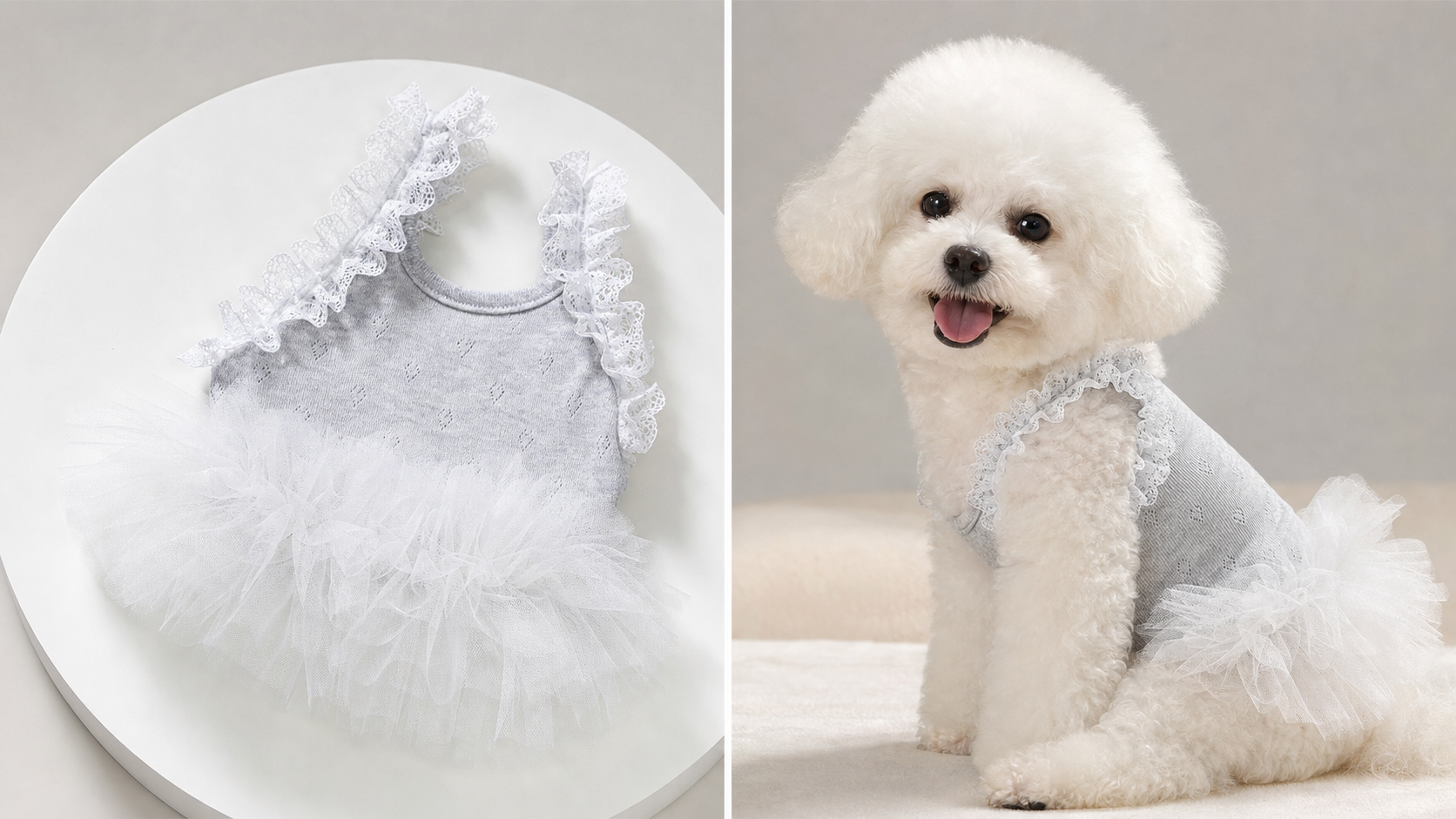 Grey lace and white tulle dog dress flat-lay